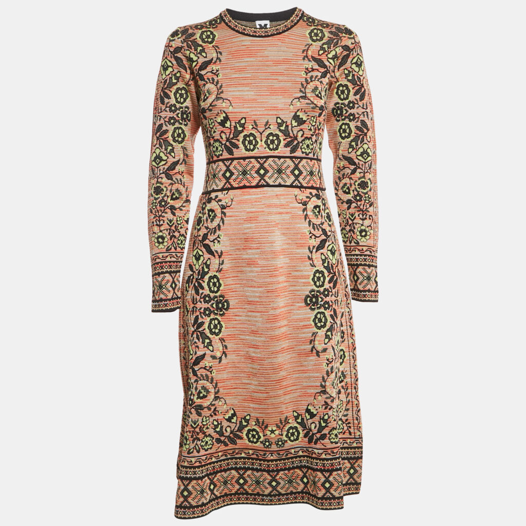 M Missoni Beige/Green Floral Pattern Knit Long Sleeve Midi Dress L
