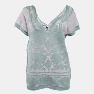 M Missoni Ice Blue Lurex Textured Knit V-Neck Top L