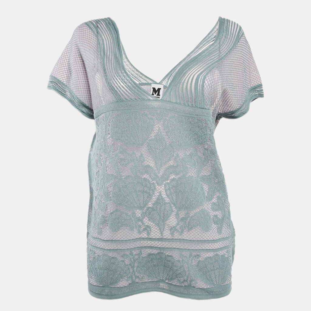 M Missoni Ice Blue Lurex Textured Knit V-Neck Top L