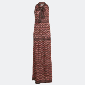 M Missoni Multicolor Patterned Lurex Knit Halter Neck Maxi Dress L
