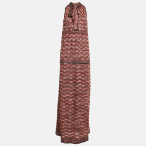 M Missoni Multicolor Patterned Lurex Knit Tie-Up Neck Detail Maxi Dress M