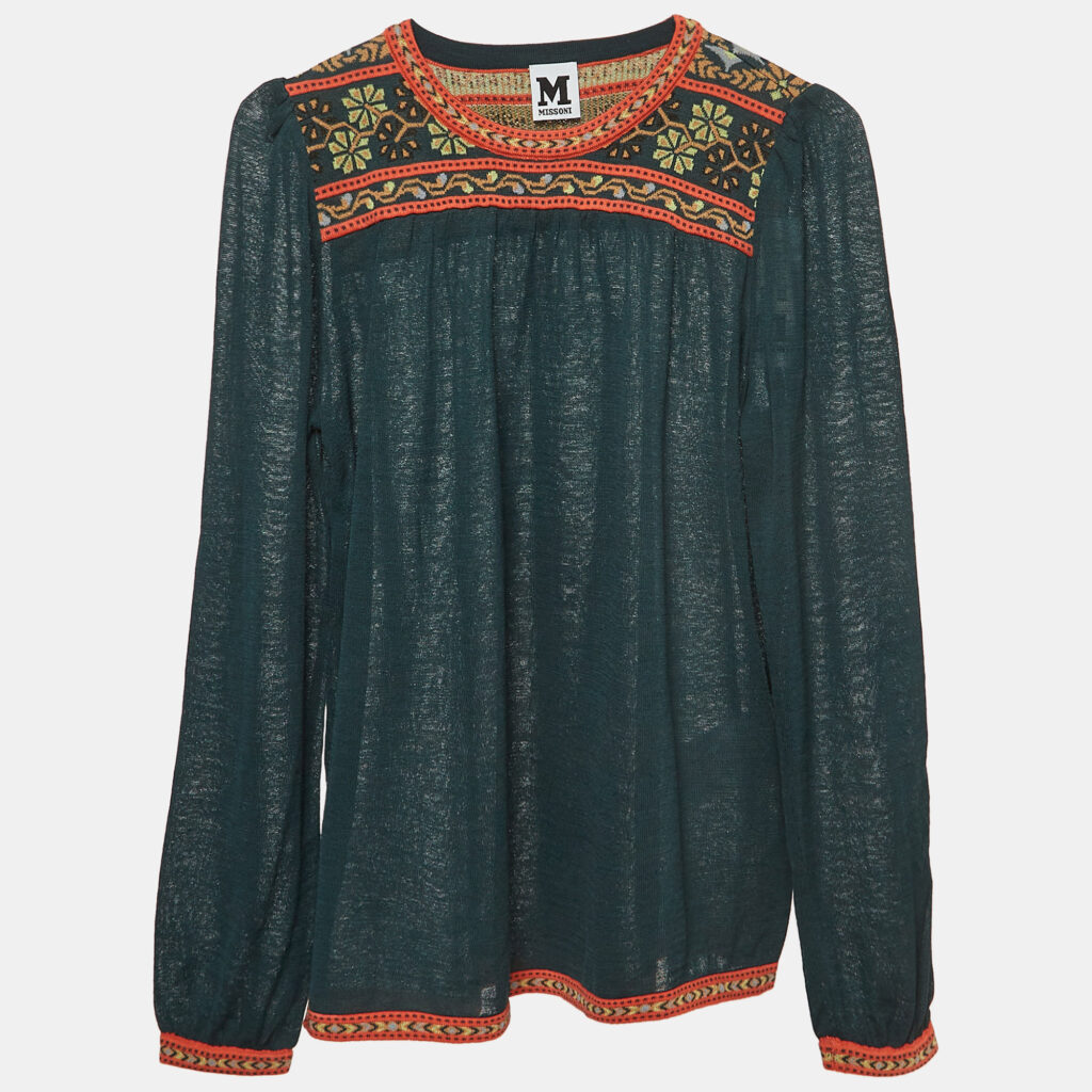 luxury-women-m-missoni-new-clothes-p990301-001 M Missoni Green Patterned Knit Puff Sleeves Top S