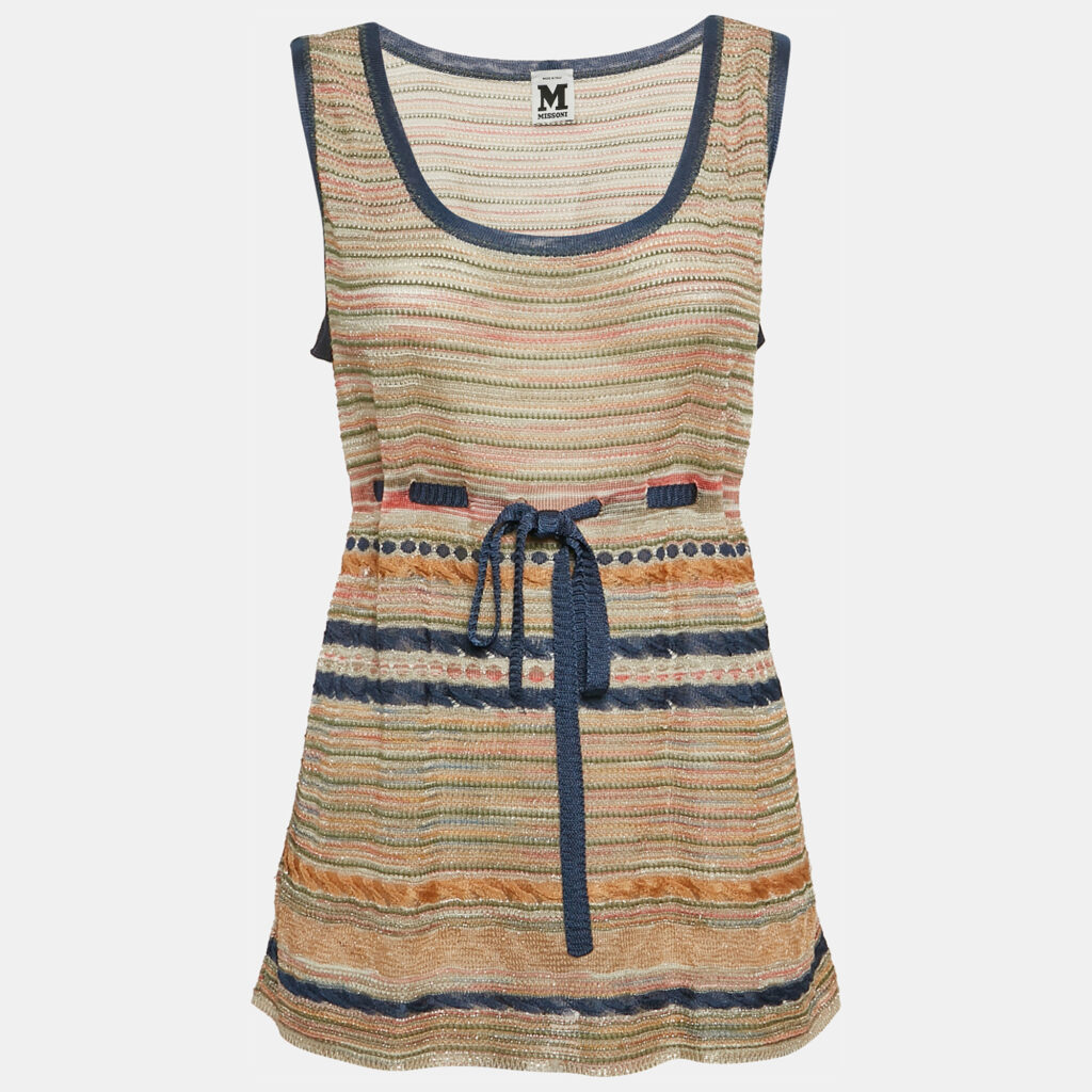 M Missoni Multicolor Lurex Knit Sleeveless Tie-Up Waist Detail Top L
