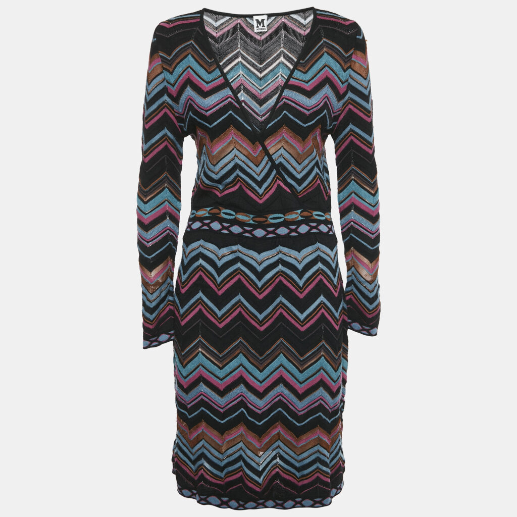 M Missoni Multicolor Chevron Pattern Knit V-Neck Short Dress L