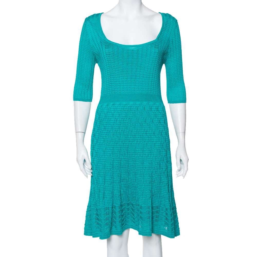 luxury-women-m-missoni-used-clothes-p405157-001 M Missoni Teal Green Knit Scoop Neck Skater Dress L