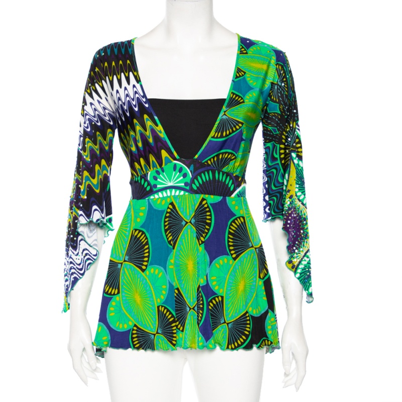 luxury-women-m-missoni-used-clothes-p493988-1631694641-007 M Missoni Green Abstract Printed Jersey Embellished Detail Tunic M