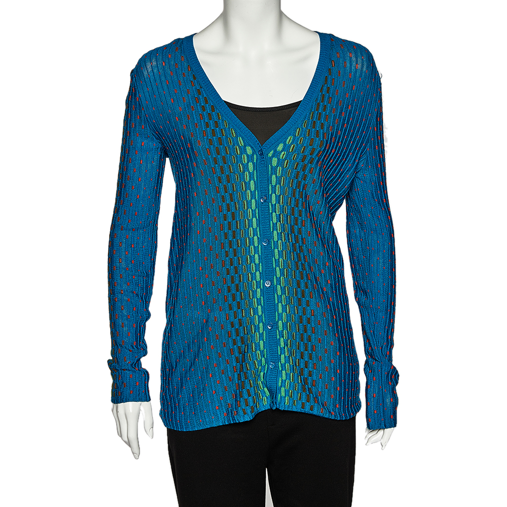 luxury-women-m-missoni-used-clothes-p499741-006 M Missoni Blue Patterned Dobby Knit Button Front Cardigan M