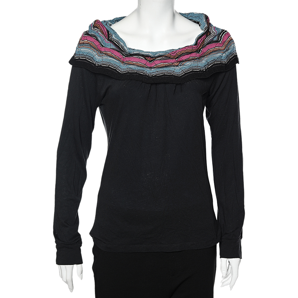 luxury-women-m-missoni-used-clothes-p565350-002-1 M Missoni Black Cotton Knit Contrast Overlay Detail T-Shirt S