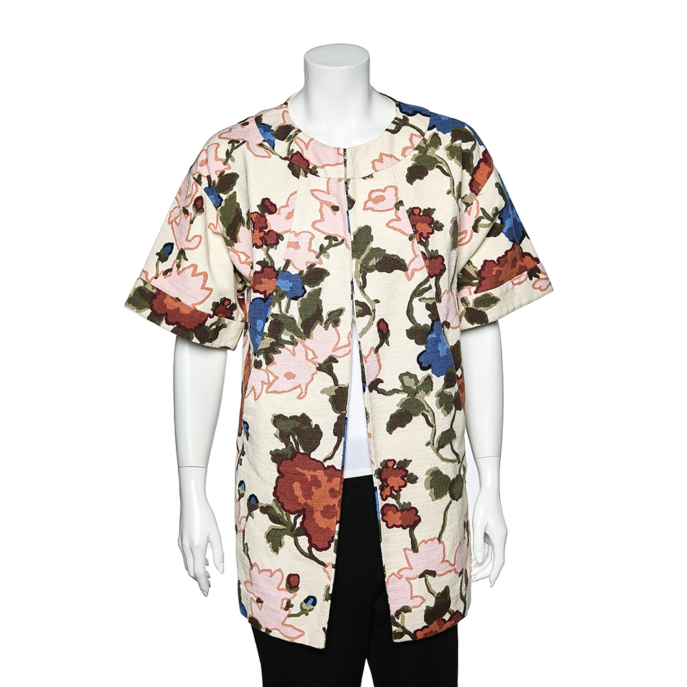 luxury-women-m-missoni-used-clothes-p574485-003-2 M Missoni Cream Watercolor Floral Printed Canvas Hook Front Long Jacket M
