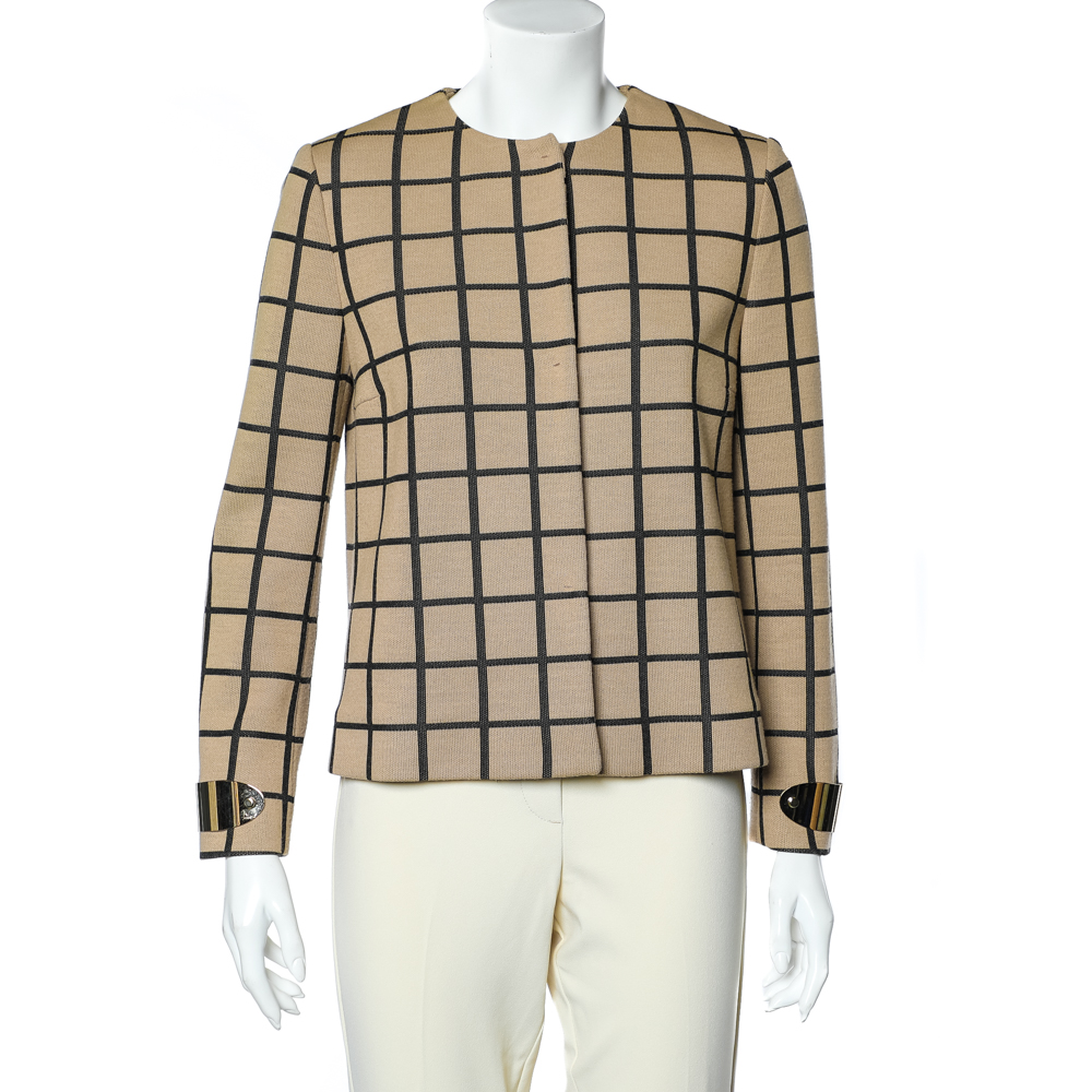 luxury-women-m-missoni-used-clothes-p595756-002 M Missoni Beige Windowpane Patterned Knit Button Front Cardigan M