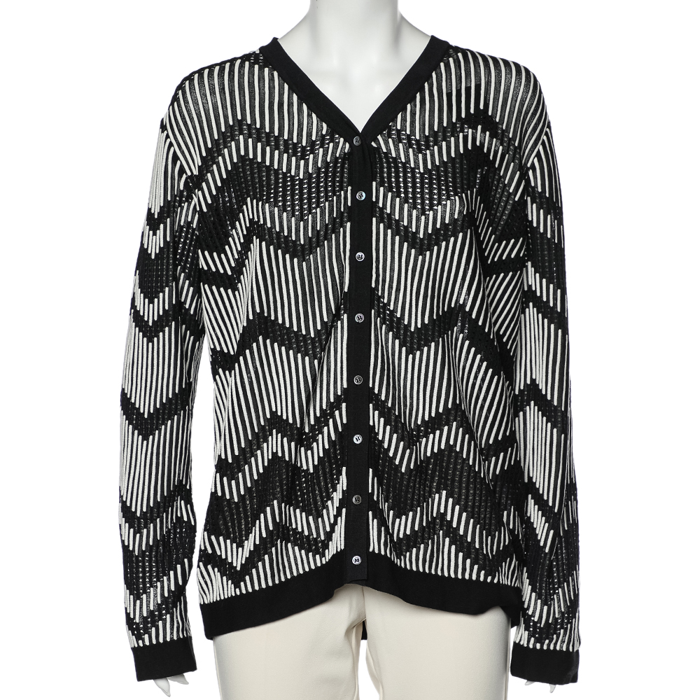 luxury-women-m-missoni-used-clothes-p596484-002-1 M Missoni Monochrome Patterned Perforated Knit Button Front Cardigan L