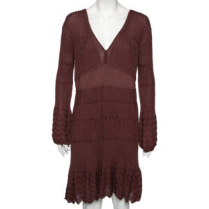 M Missoni Burgundy Patterned Knit Long Sleeve V-Neck Dress L