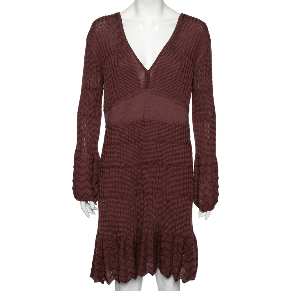 luxury-women-m-missoni-used-clothes-p598875-006-2 M Missoni Burgundy Patterned Knit Long Sleeve V-Neck Dress L
