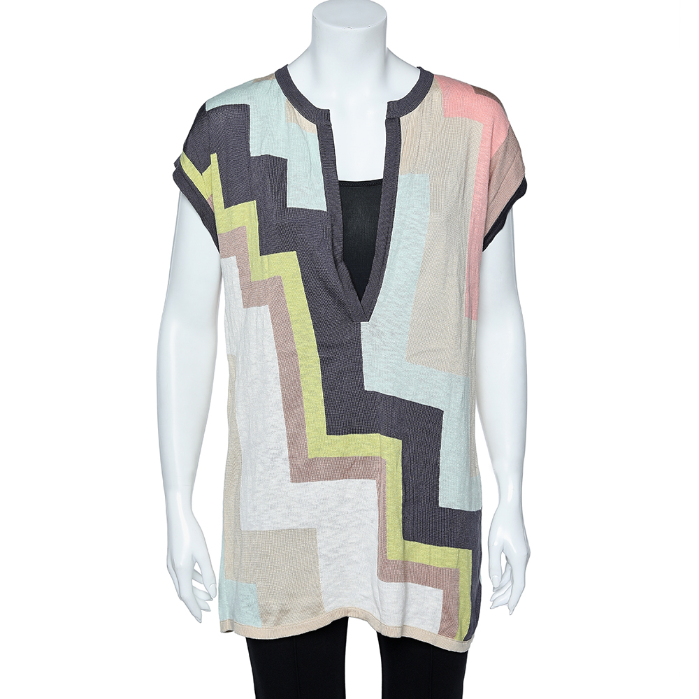 luxury-women-m-missoni-used-clothes-p610055-005-1 M Missoni Multicolor Geometric Pattern Cotton Knit Plunging Neck Top M
