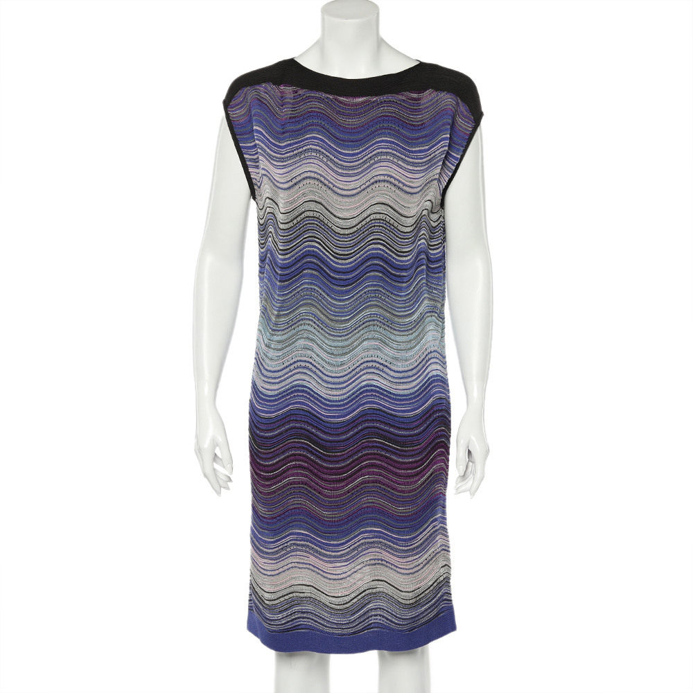 luxury-women-m-missoni-used-clothes-p613584-002-2 M Missoni Blue Wave Pattern Lurex Knit Shift Dress L