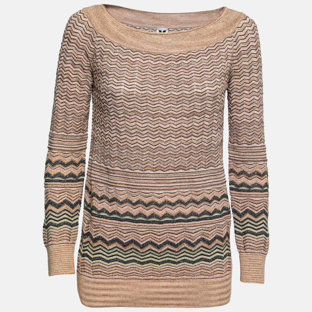 luxury-women-m-missoni-used-clothes-p736642-002 M Missoni Beige Chevron Patterned Lurex Knit Top M