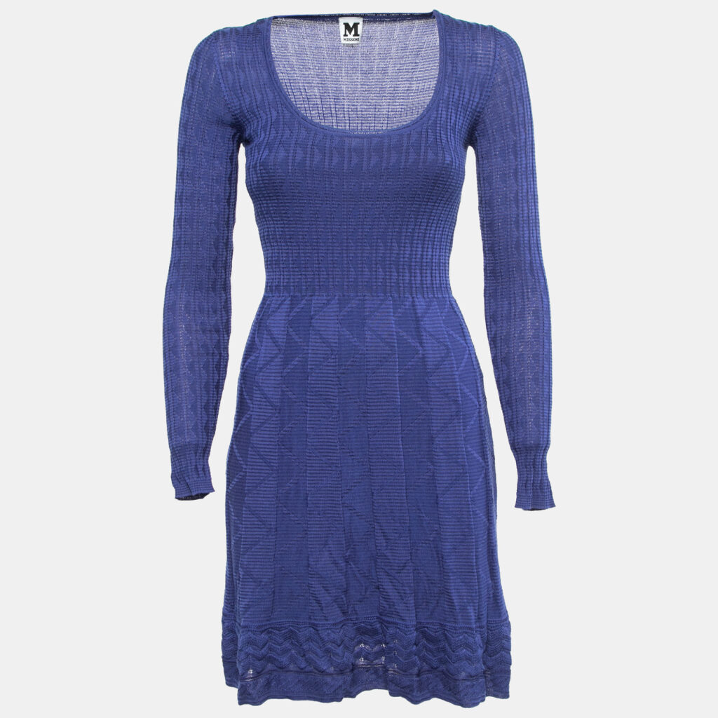 luxury-women-m-missoni-used-clothes-p817171-001 M Missoni Blue Patterned Knit Scoop Neck Flared Midi Dress S