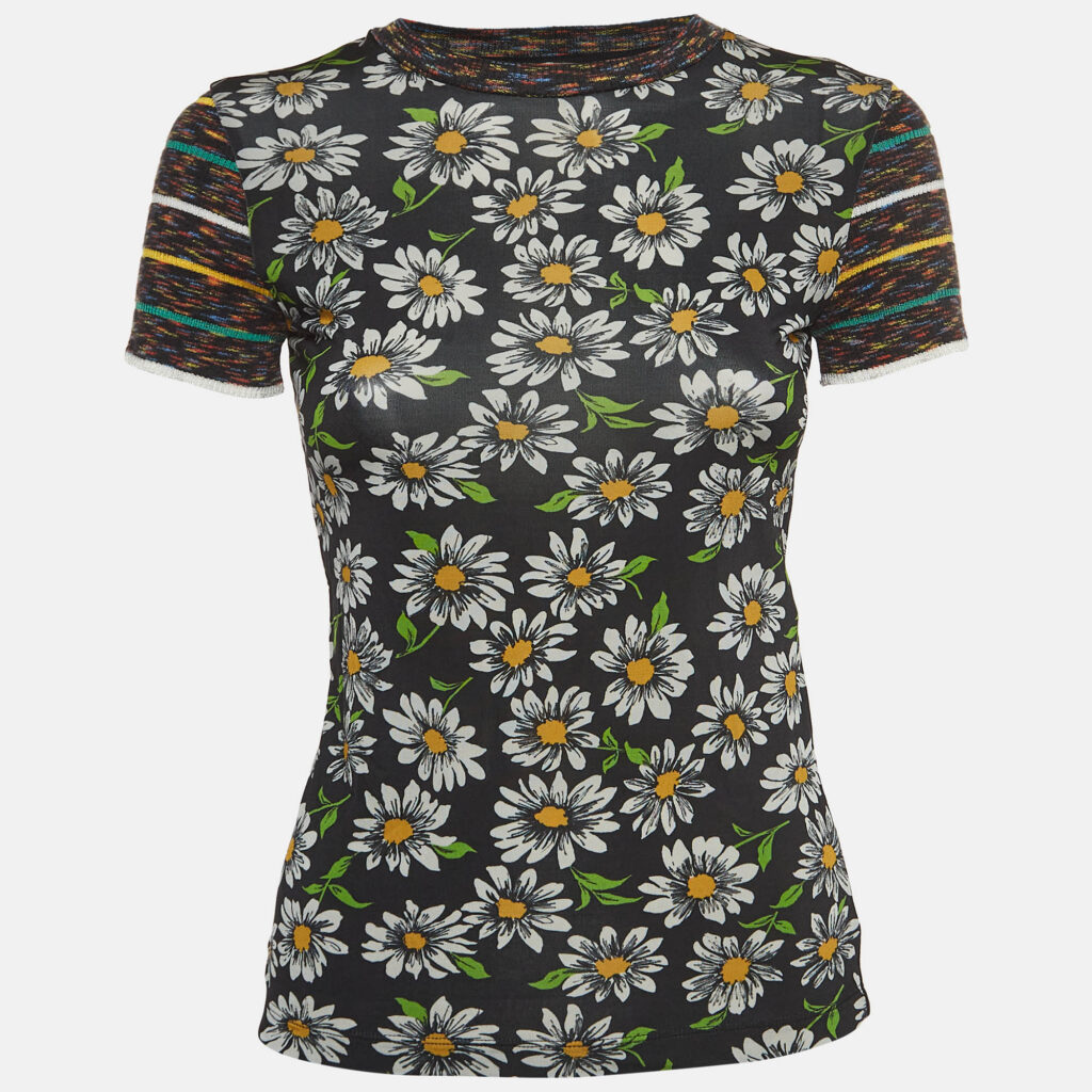 luxury-women-m-missoni-used-clothes-p910971-002 M Missoni Collection Black Floral Print Knit Short Sleeve T-Shirt XS