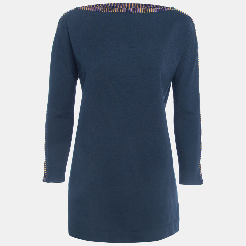 luxury-women-m-missoni-used-clothes-p928684-001 M Missoni Navy Blue Cotton Blend Knit Buttoned Sleeve Detail T-Shirt S