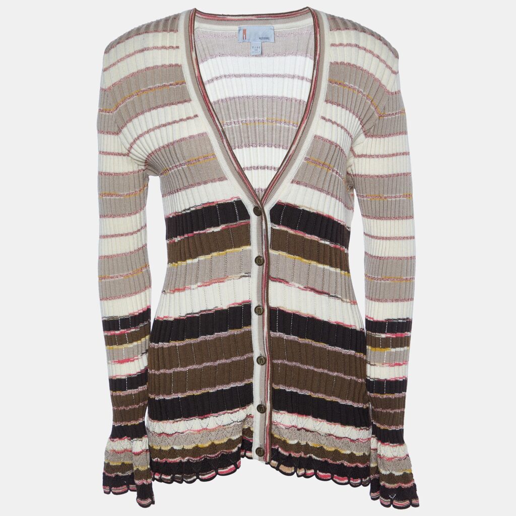 luxury-women-m-missoni-used-clothes-p974456-001 M Missoni Beige Striped Knit Button Front Cardigan L