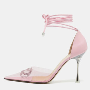 Mach & Mach Pink Leather and PVC Crystal Embellished Bow Ankle Tie Pumps Size 39.5