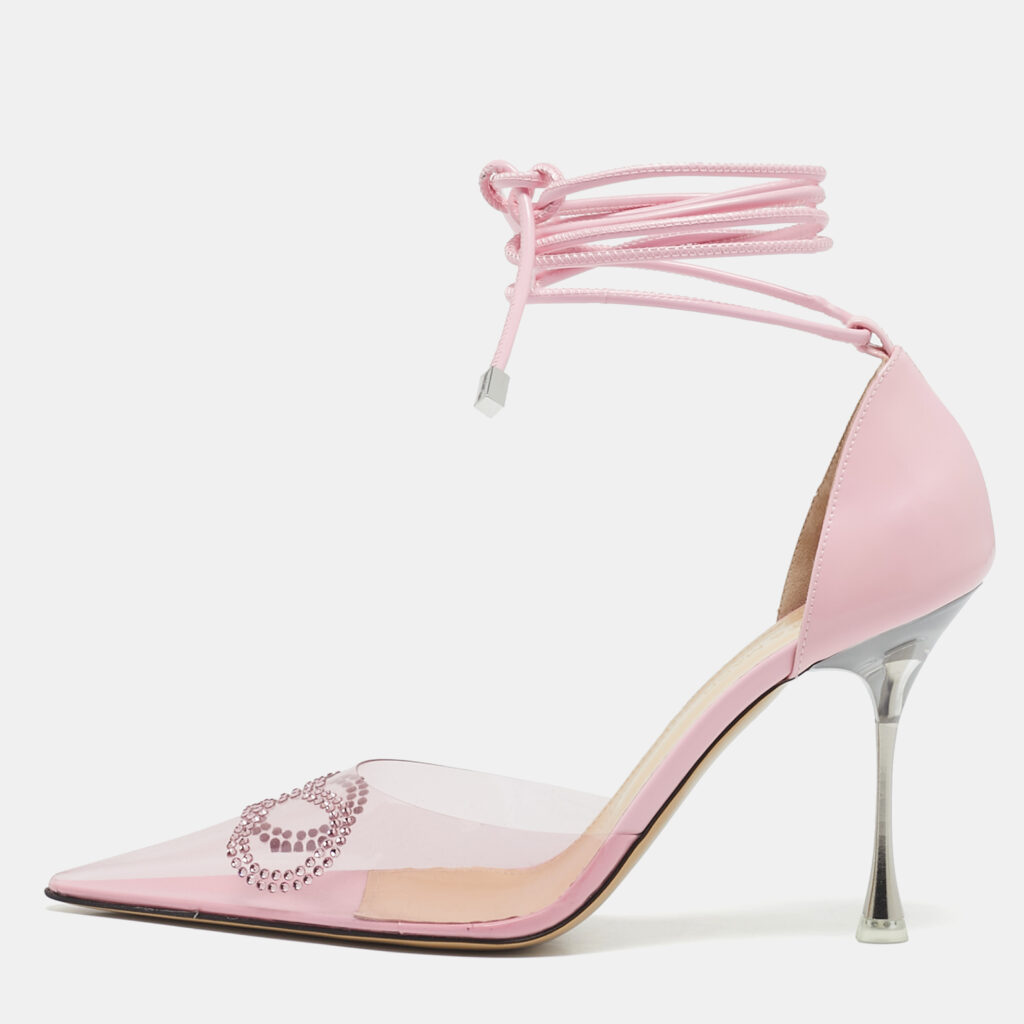 Mach & Mach Pink Leather and PVC Crystal Embellished Bow Ankle Tie Pumps Size 39.5