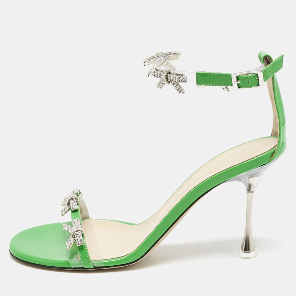 luxury-women-mach-mach-new-shoes-p1129415-005 Mach & Mach Green Patent Leather and PVC Floating Crystal Bow Sandals Size 38