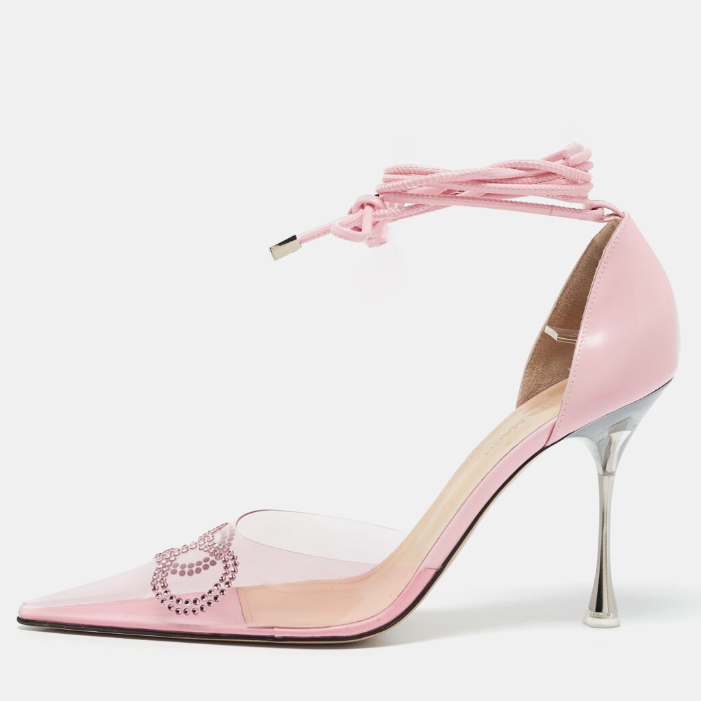 luxury-women-mach-mach-new-shoes-p1131049-008.jpg Mach & Mach Pink Leather and PVC Crystal Embellished Bow Ankle Wrap Sandals Size 40.5