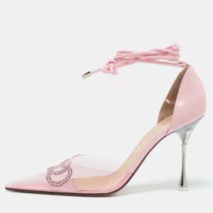 Mach & Mach Pink Leather and PVC Crystal Embellished Bow Ankle Wrap Sandals Size 40