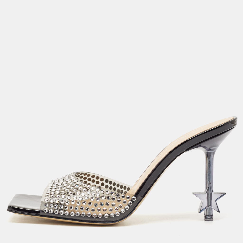 Mach & Mach Black PVC Crystal Embellished Star Slide Sandals Size 38