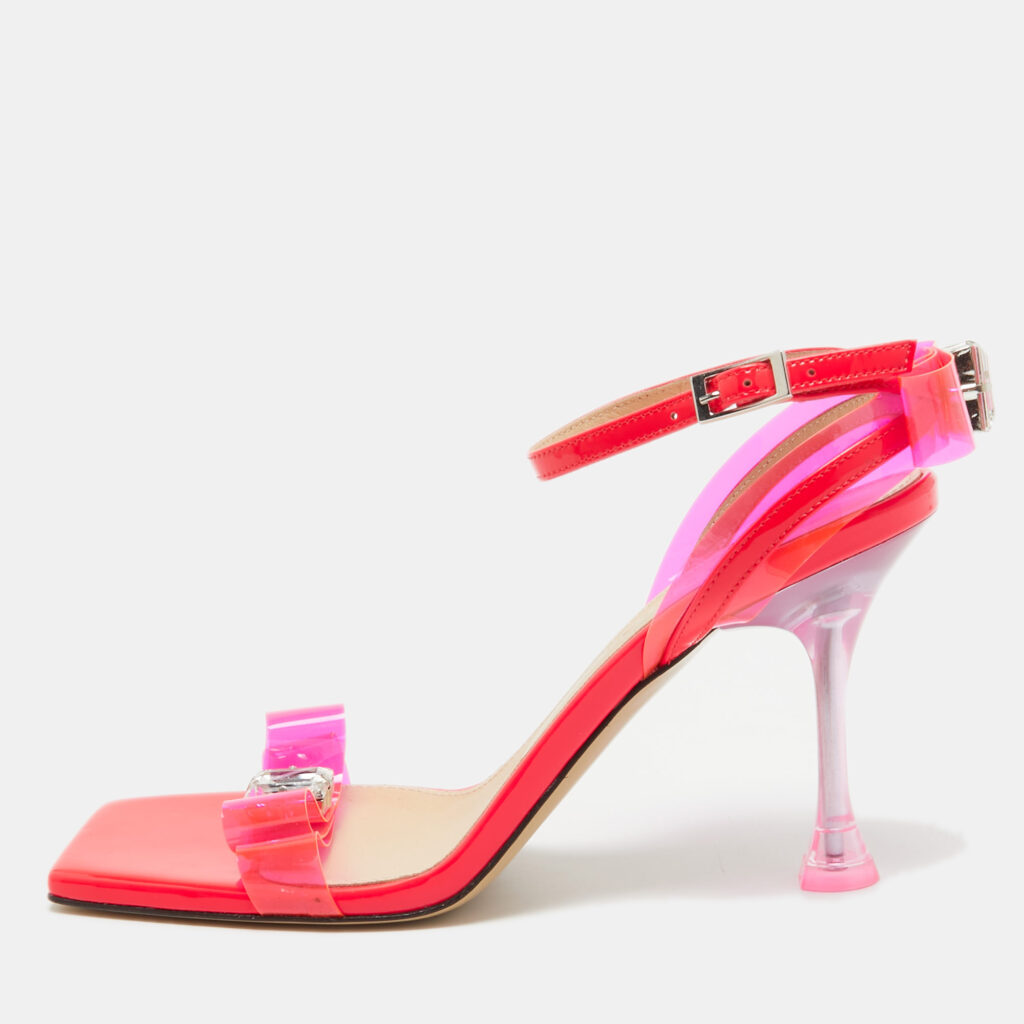 luxury-women-mach-mach-new-shoes-p960479-001 Mach & Mach Neon Pink PVC and Patent Leather French Bow Sandals Size 38