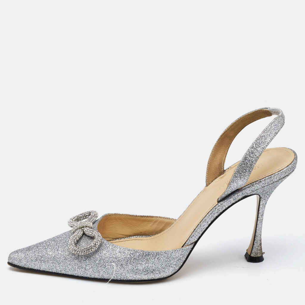 Mach & Mach Silver Glitter Bow Slingback Pumps Size 38.5