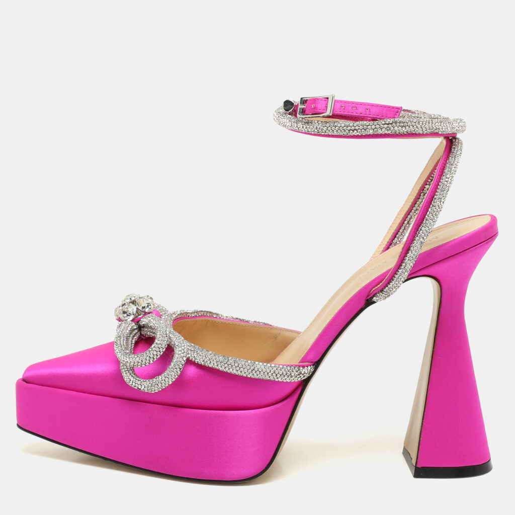 Mach & Mach Pink Satin Double Bow Crystal Embellished Platform Pumps Size 40