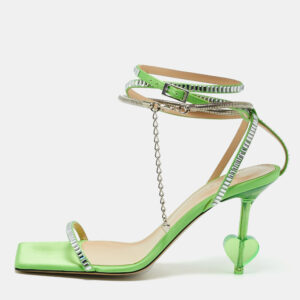 Mach & Mach Green Satin Crystal Embellished Ankle Strap Sandals Size 38