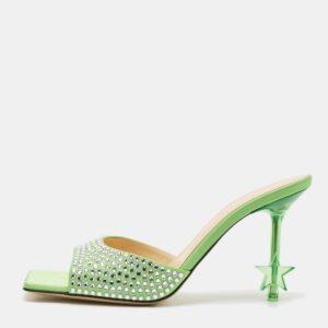 Mach & Mach Green Satin Crystal Embellished Star Slide Sandals Size 38