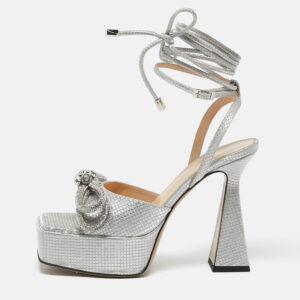 Mach & Mach Silver Leather Double Bow Platform Block Heel Ankle Strap Sandals Size 38