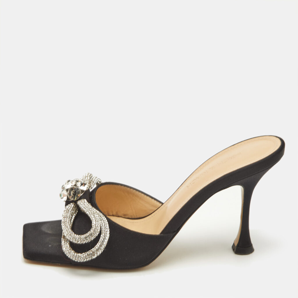 luxury-women-mach-mach-used-shoes-p1156541-004 Mach & Mach Black Satin Double Bow Crystals Slide Sandals Size 36.5