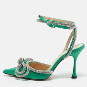 Mach & Mach Green Satin Double Bow Crystal Embellished Ankle Strap Pumps Size 35.5