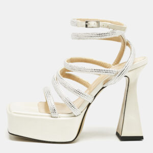 Mach & Mach White Satin Sydney  Embellished Platform Sandals Size 38.5