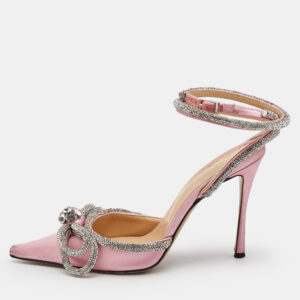 Mach & Mach Light Pink/Silver Satin Double Bow Crystal Embellished Pumps Size 38.5