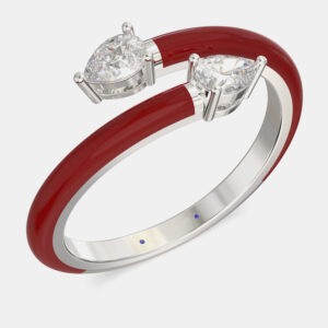Bright Red Ceramic Pear Shaped Classic Bypass Style Sterling Silver Lab Grown Diamond Ring US 7