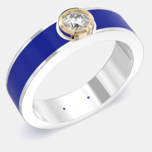 14K Yellow Gold Classic Dark Blue Ceramic Sterling Silver Lab Grown Diamond Round Bezel Set Band US 7