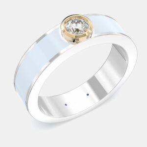 14K Yellow Gold Classic Light Blue Ceramic Round Sterling Silver Lab Grown Diamond Bezel Set Band US 7
