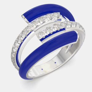 Dark Blue Ceramic Sterling Silver Lab Grown Diamond Double Bypass Two Row Accented Ring US 7