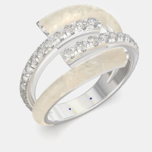 Pearl White Ceramic Sterling Silver Lab Grown Diamond Bypass Single Row Accented Ring US 7
