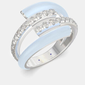Light Blue Ceramic Sterling Silver Lab Grown Diamond Bypass Single Row Accented Ring US 7