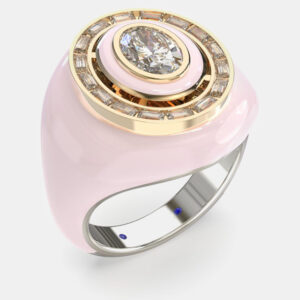 Pink Ceramic Sterling Silver Lab Diamond Signet Ring US 7