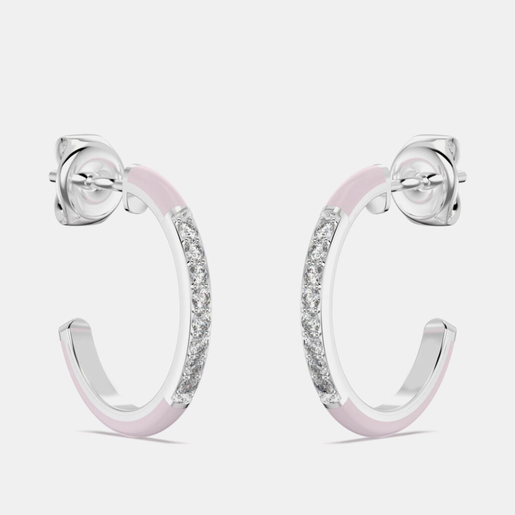 Light Pink Ceramic Sterling Silver Lab Grown Diamonds C Hoop Earrings