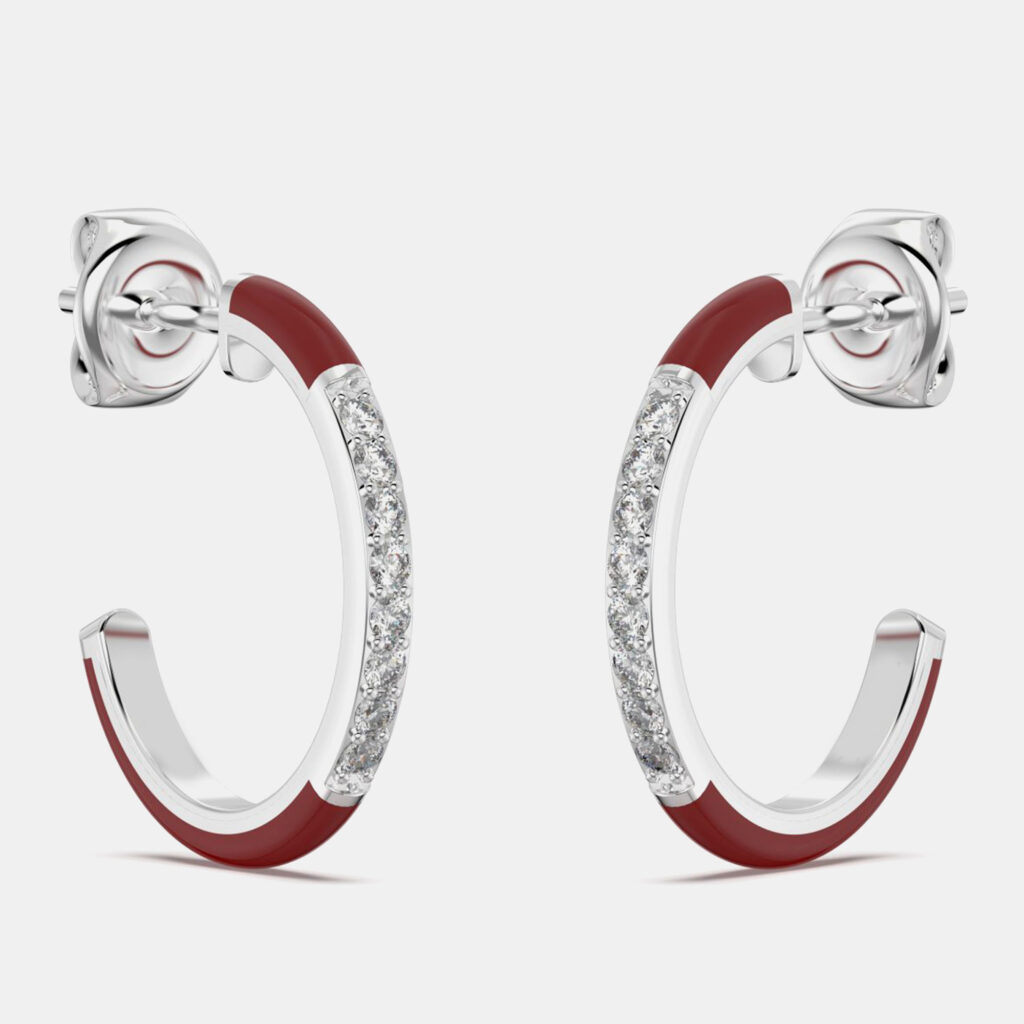 Bright Red ceramic Sterling Silver Lab Grown Diamonds C Hoop Earrings