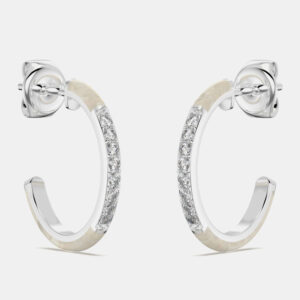 Pearl White ceramic Sterling Silver Lab Grown DIamonds C Hoop Earrings